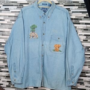 Vintage All Sport Safara Animals Embroidered Denim Button-Up Shirt XL